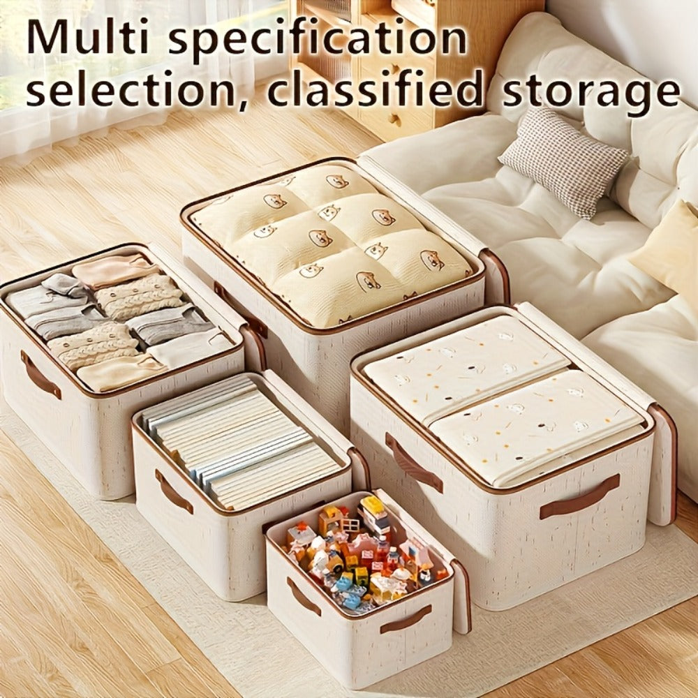 Foldable Storage Boxes with Lids 2-Pack, Large Linen Storage Baskets with Double Zippers & Leather Handles