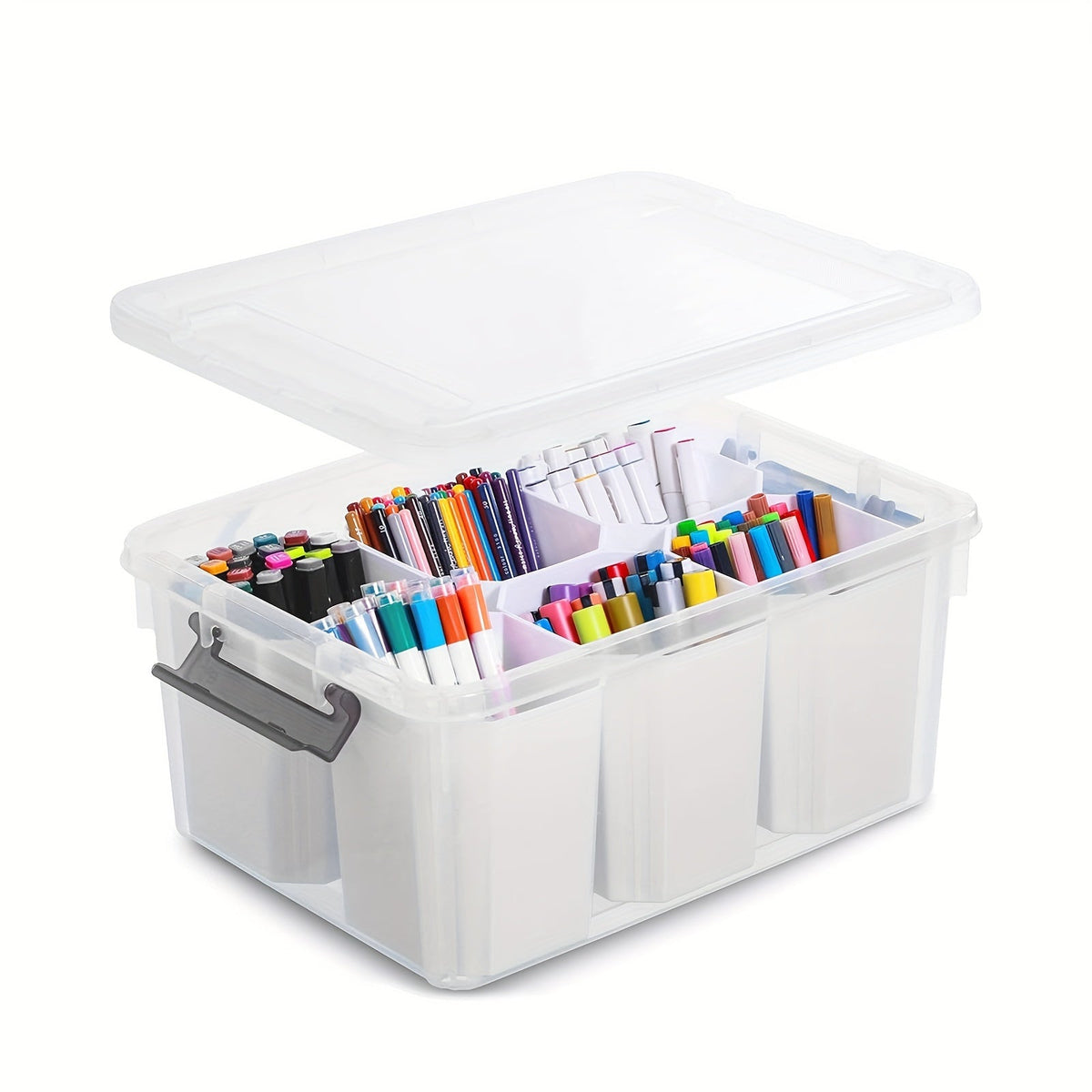 17-Quart Clear Storage Box with Six Removable Insert Bins, Latching Lid and Side Carry Handles