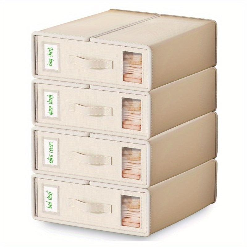 Four-Pack Bed Sheet Storage Boxes with Clear Windows, Labels and Oxford or Nonwoven Fabric Options