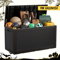 Large Gray Rattan-Look Outdoor Storage Box with 110-Gallon Pictured Capacity, Handles and Hinged Lid