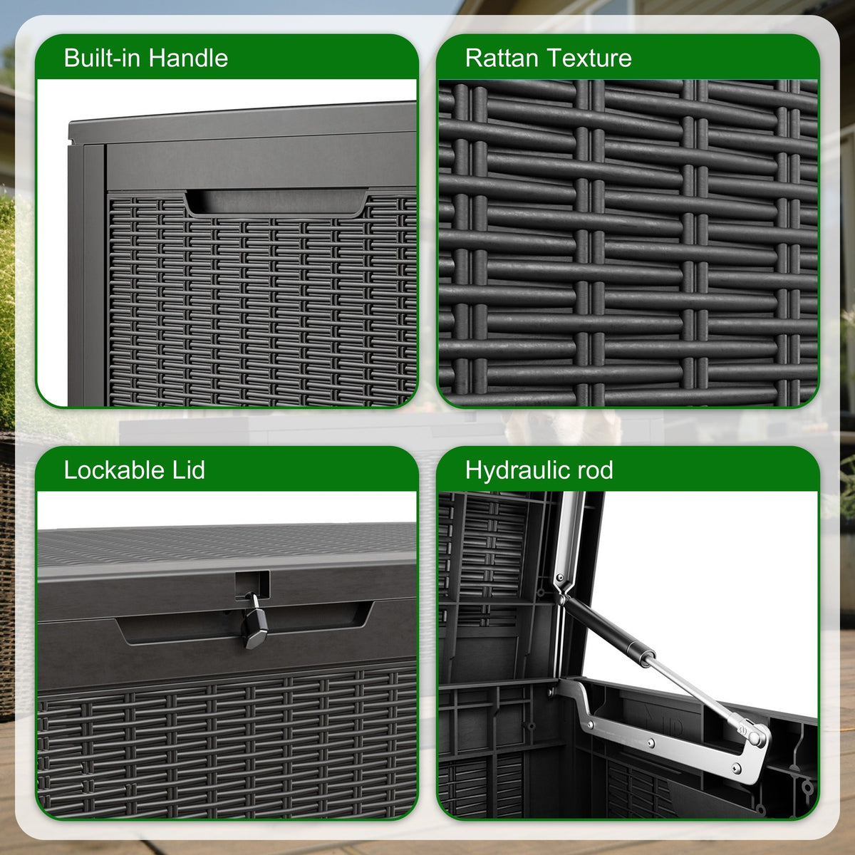 Large Gray Rattan-Look Outdoor Storage Box with 110-Gallon Pictured Capacity, Handles and Hinged Lid