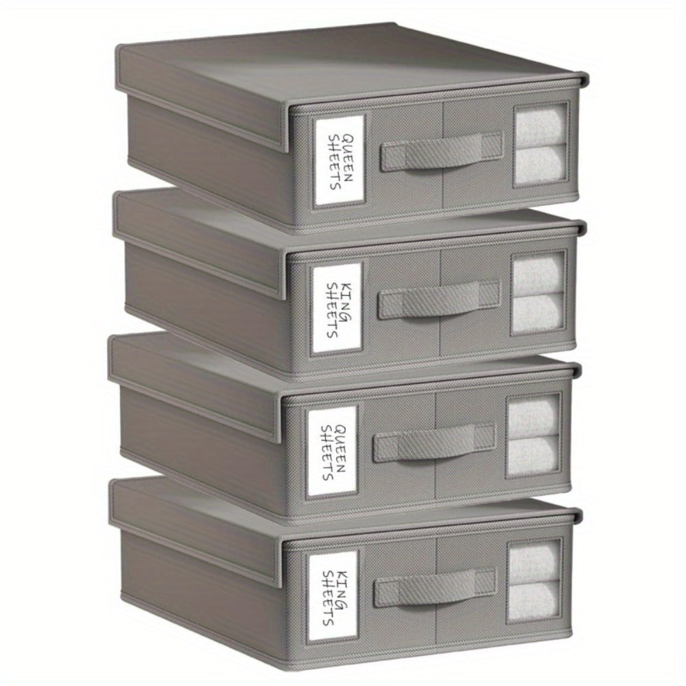 Four-Pack Bed Sheet Storage Boxes with Clear Windows, Labels and Oxford or Nonwoven Fabric Options